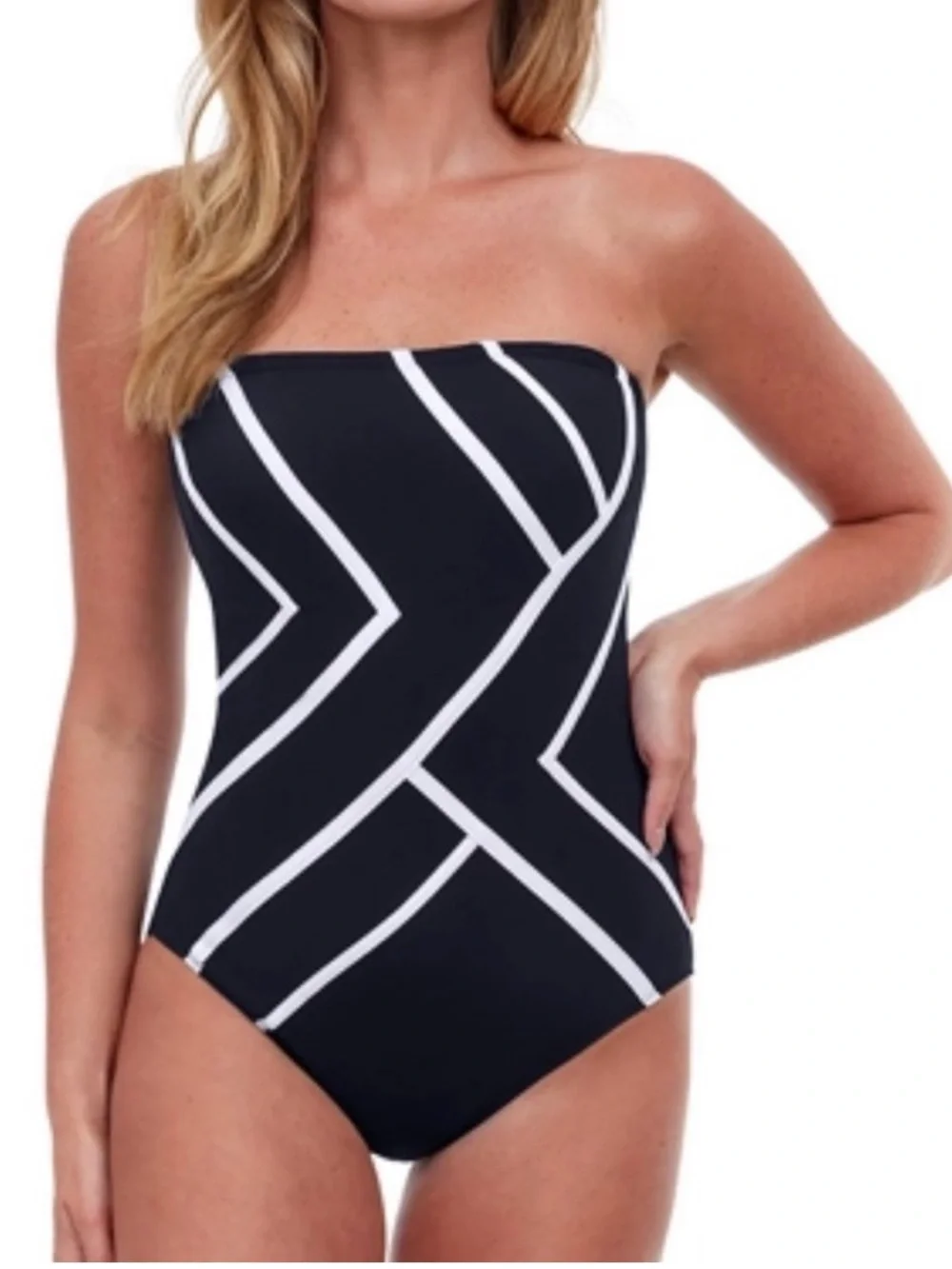NEW Gottex Mirage Bandeau One-Piece Swimsuit Size 10 Black White Strapless NWT